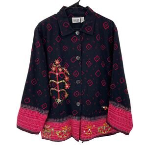 Chico's Design Black Red Embroidered Ethnic Long Jacket Blazer M 12